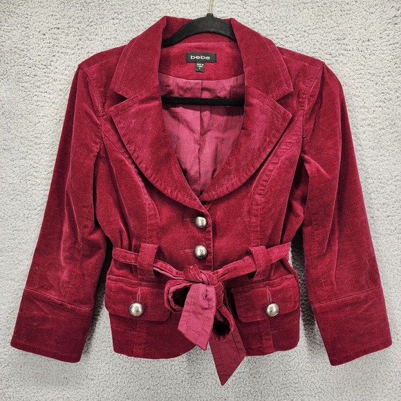 bebe Jackets & Blazers - Bebe Womens Burgundy Velvet Belted Blazer Jacket Size 6 Red Wine Silver Buttons